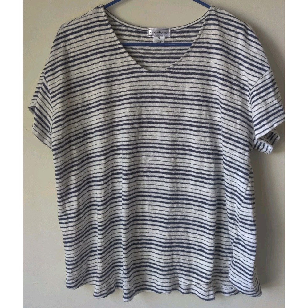 Liz Claiborne Women's Blue/White Striped Short Sleeve V-Neck Top Size XL